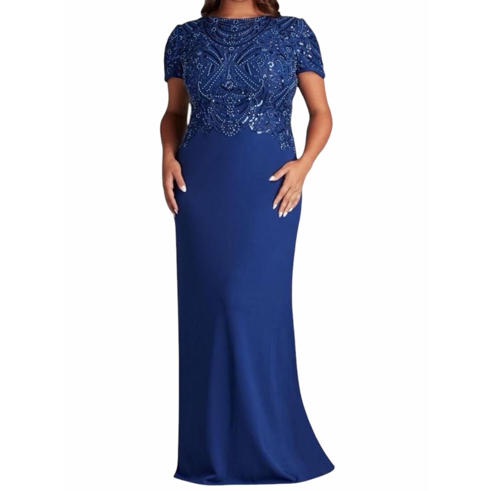 Tadashi Shoji Too Edry Embellished Crepe Gown Blue Size 16Q